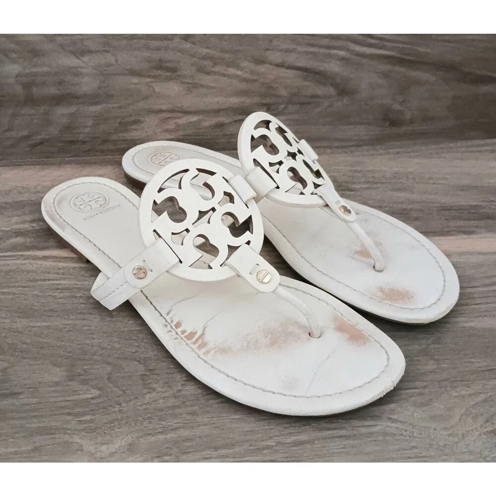 Tory Burch Miller Thong Sandal Ivory Smooth Leather w Dustbag Sz 9M